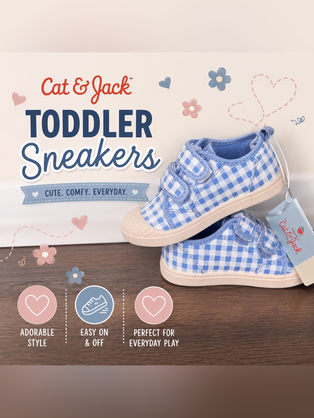 Cat & Jack Blue Gingham Hook & Loop Sneakers Toddler Girls NWT